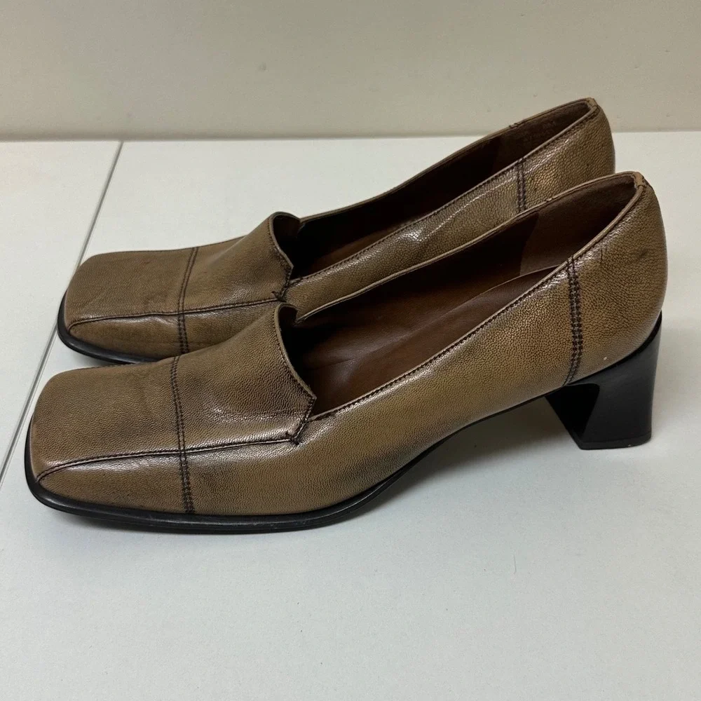 Vintage Naturalizer Womens 8M Taupe Leather Square Toe Block Heel Loafer Pumps